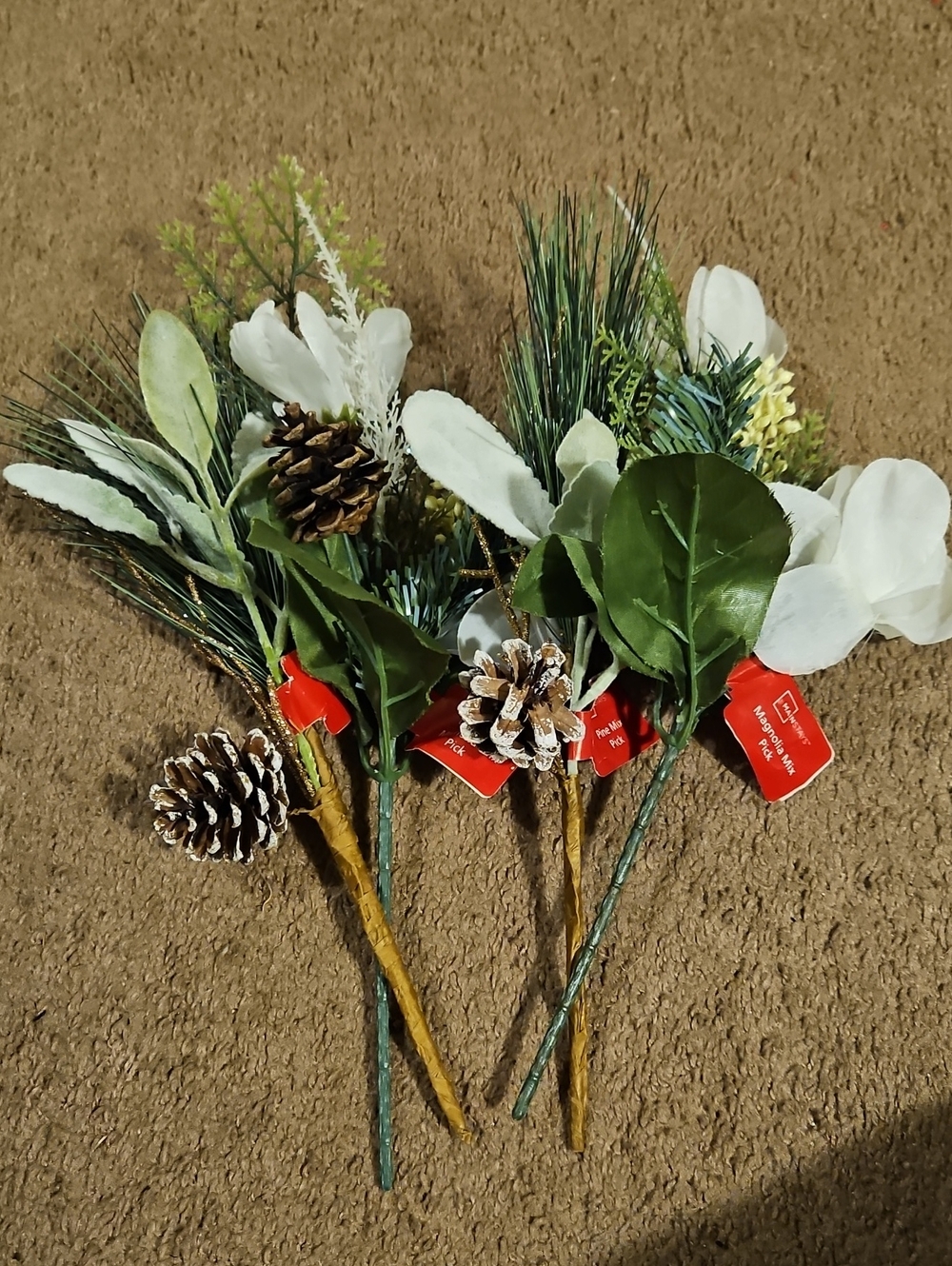 White & Green Artificial Pine, Magnolia & Pinecone Stem Bundle